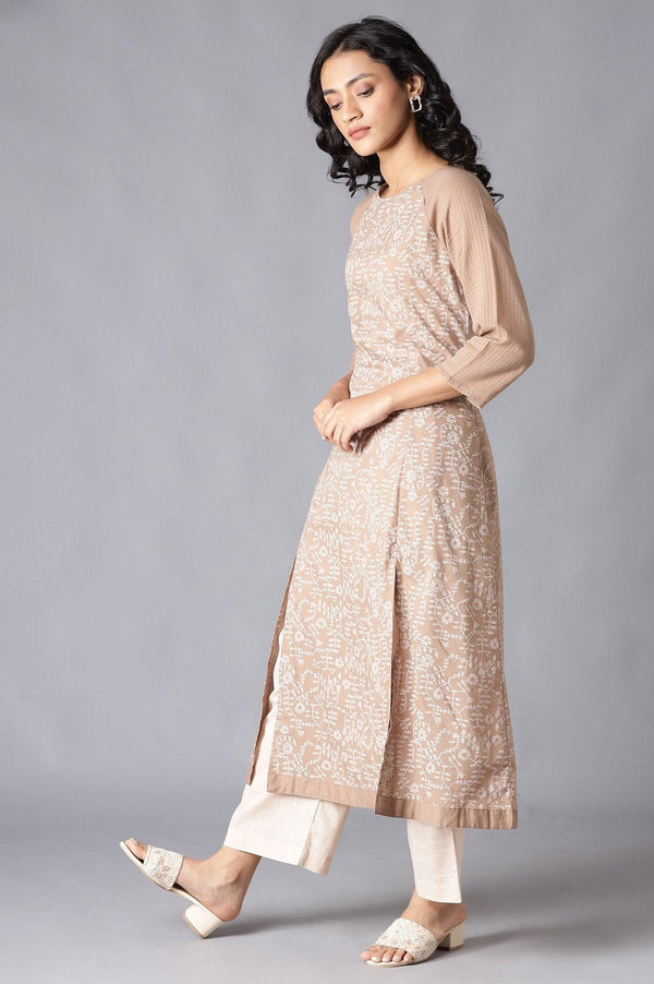 Beige Floral Print Raglan Sleeve kurta In Round Neck