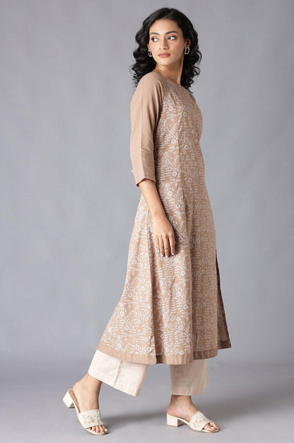 Beige Floral Print Raglan Sleeve kurta In Round Neck - wforwoman