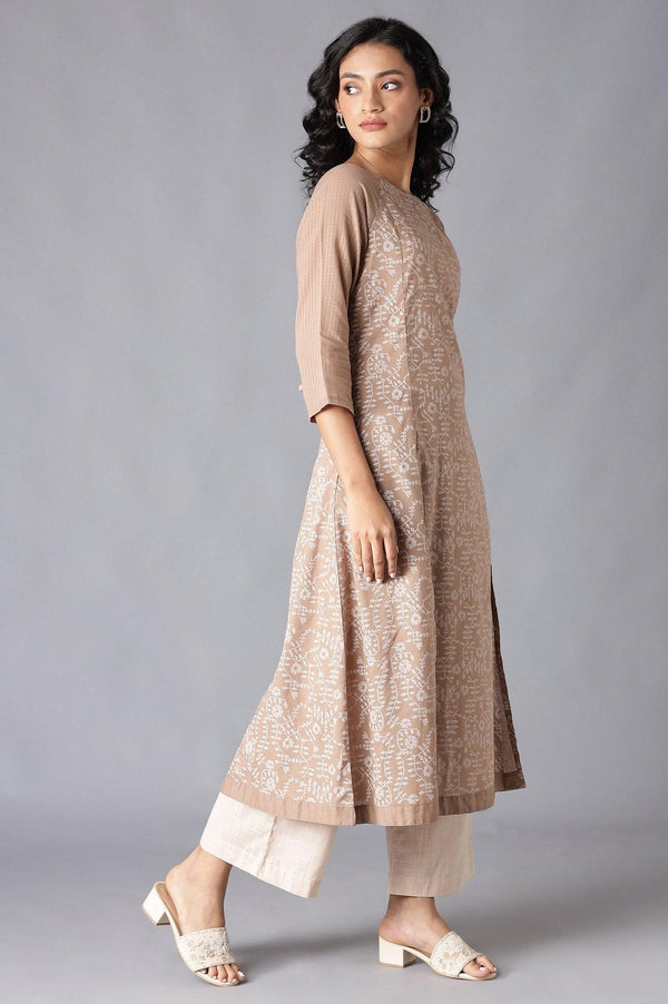 Beige Floral Print Raglan Sleeve kurta In Round Neck