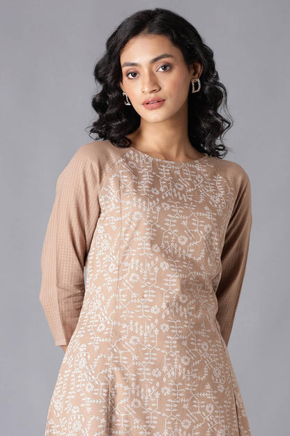 Beige Floral Print Raglan Sleeve kurta In Round Neck - wforwoman
