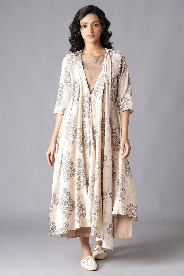 Beige draped Jacket With Straight Solid kurta
