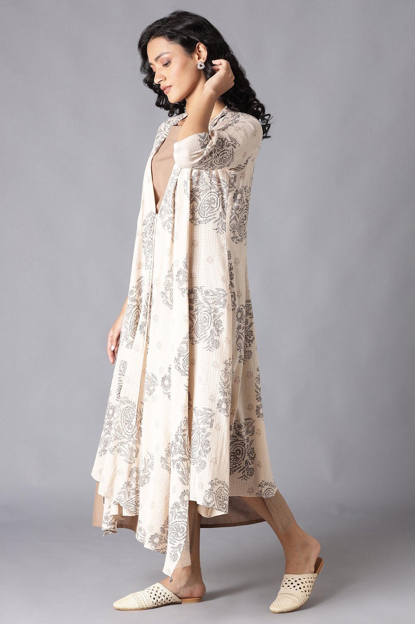 Beige draped Jacket With Straight Solid kurta - wforwoman