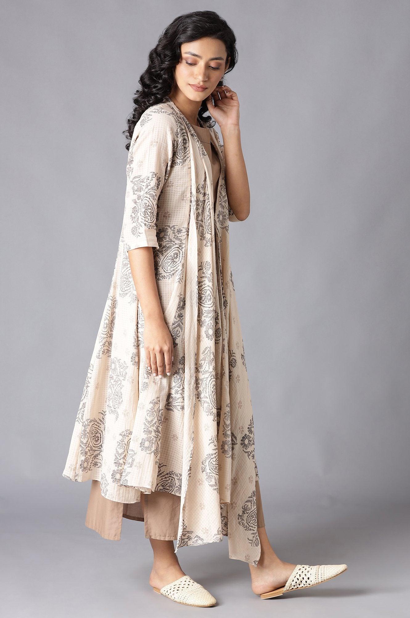 Beige draped Jacket With Straight Solid kurta - wforwoman