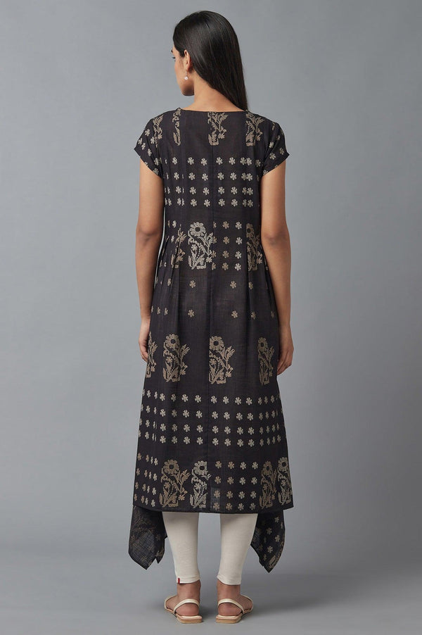 Black Flared kurta In Floral Print and Side Dipped Hemline