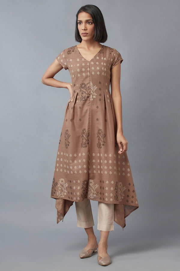 Beige Flared kurta In Floral Print and Side Dipped Hemline