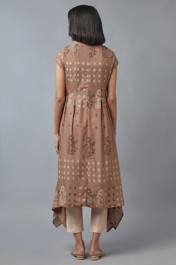 Beige Flared kurta In Floral Print and Side Dipped Hemline