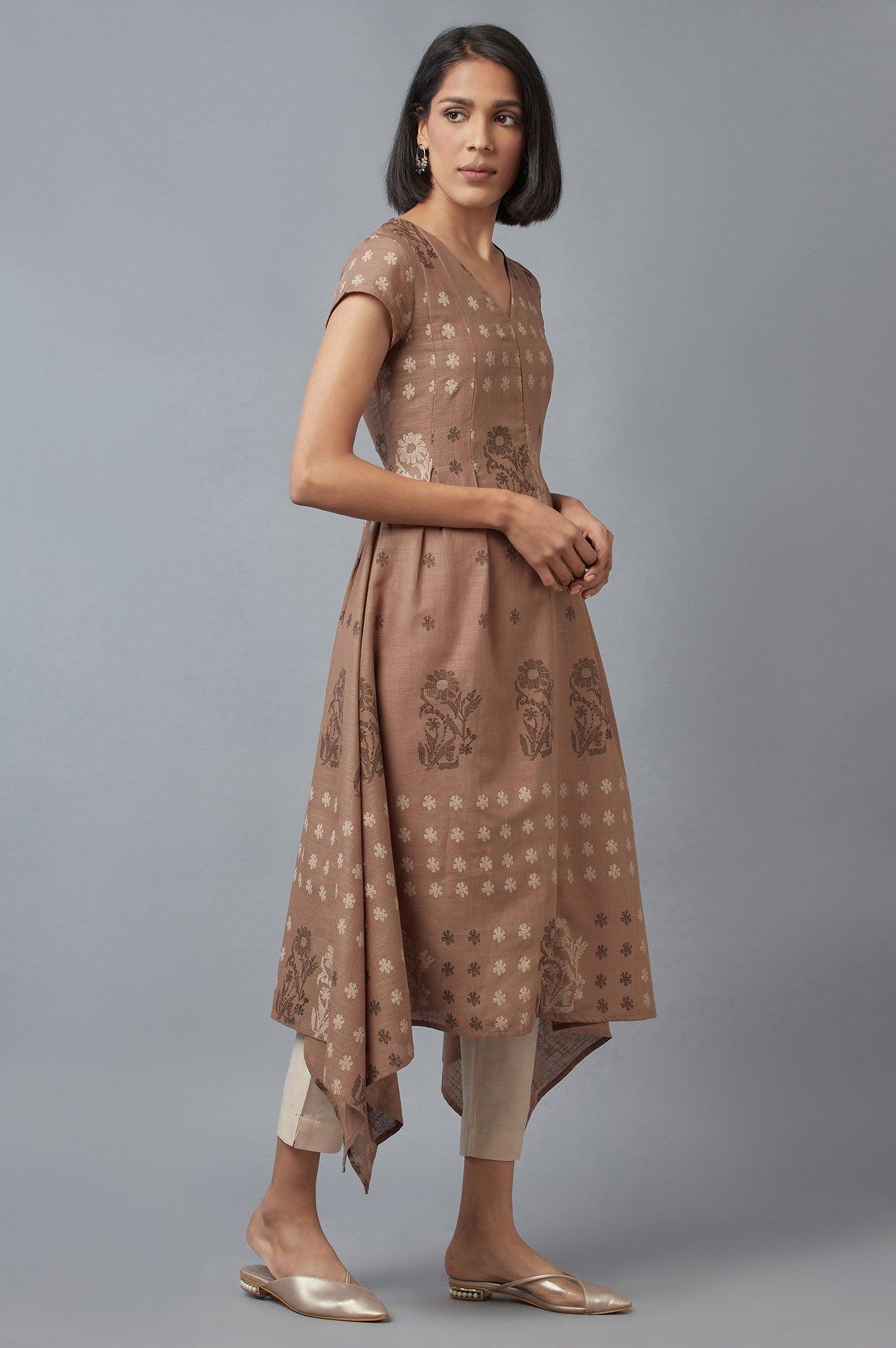 Beige Flared kurta In Floral Print and Side Dipped Hemline - wforwoman