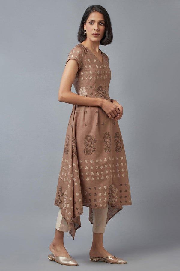 Beige Flared kurta In Floral Print and Side Dipped Hemline