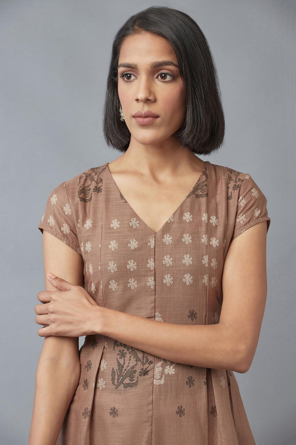 Beige Flared kurta In Floral Print and Side Dipped Hemline