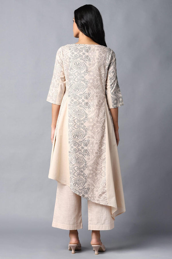 Beige Colour Blocked Asymmetric kurta In Floral Print And Round Neck