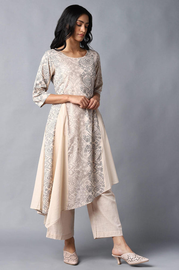 Beige Colour Blocked Asymmetric kurta In Floral Print And Round Neck