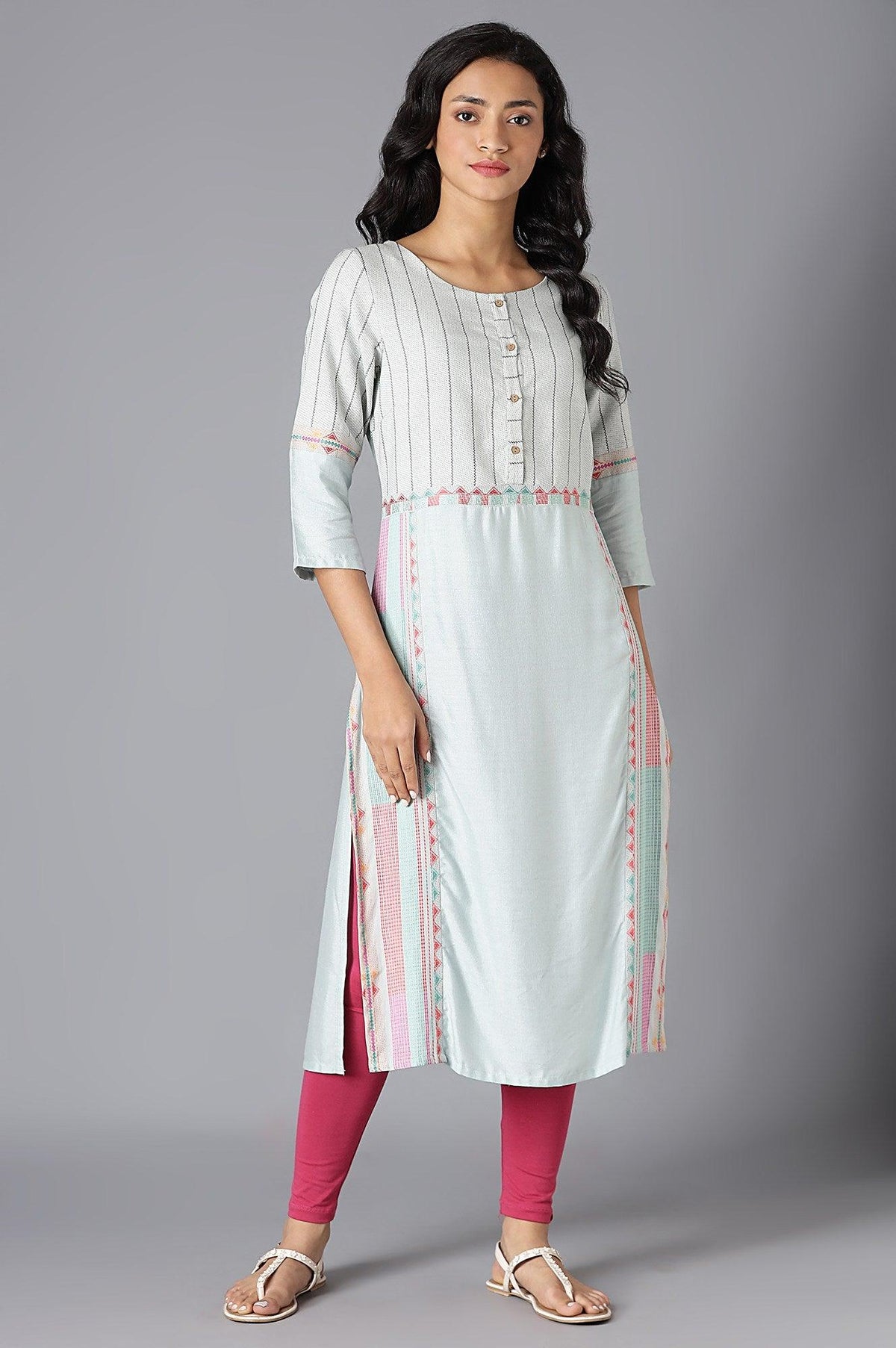 Pale Blue Cotton Dobby kurta In Round Neck