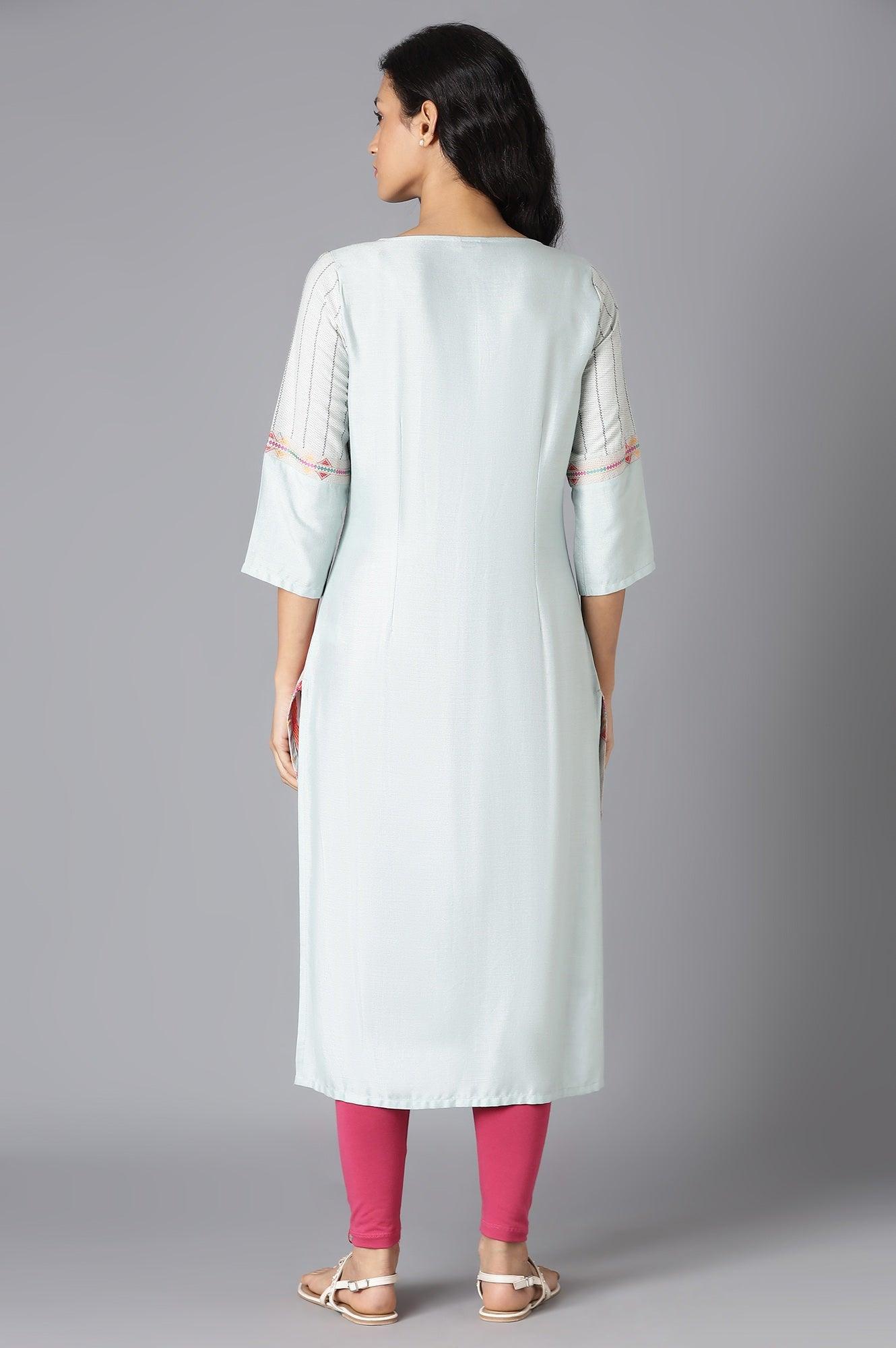 Pale Blue Cotton Dobby kurta In Round Neck - wforwoman