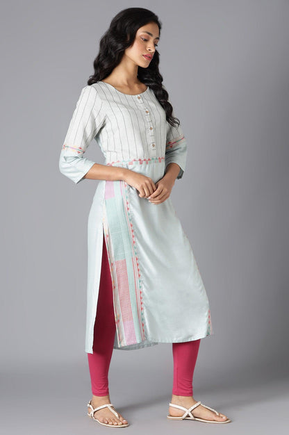 Pale Blue Cotton Dobby kurta In Round Neck - wforwoman