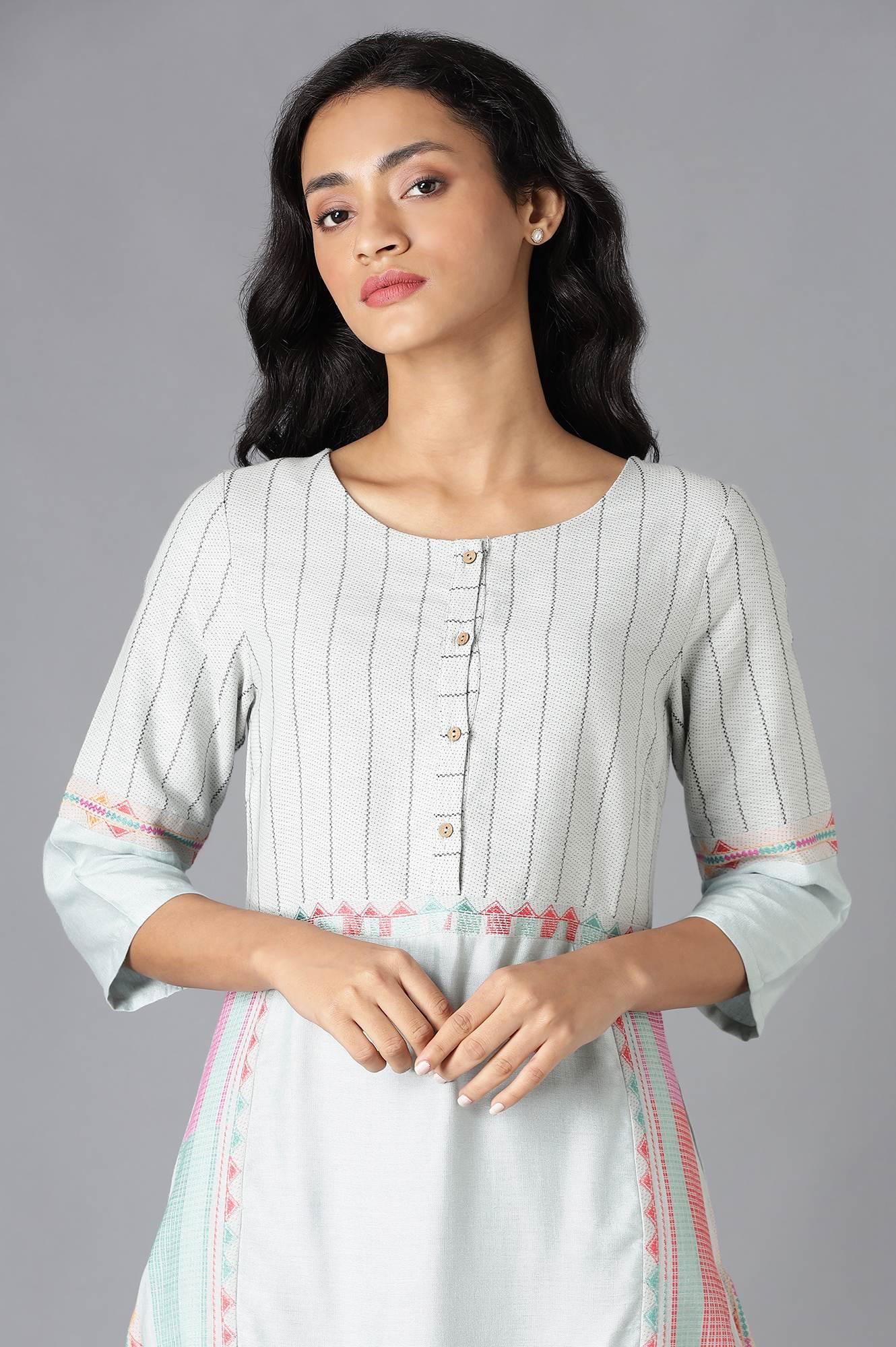 Pale Blue Cotton Dobby kurta In Round Neck - wforwoman