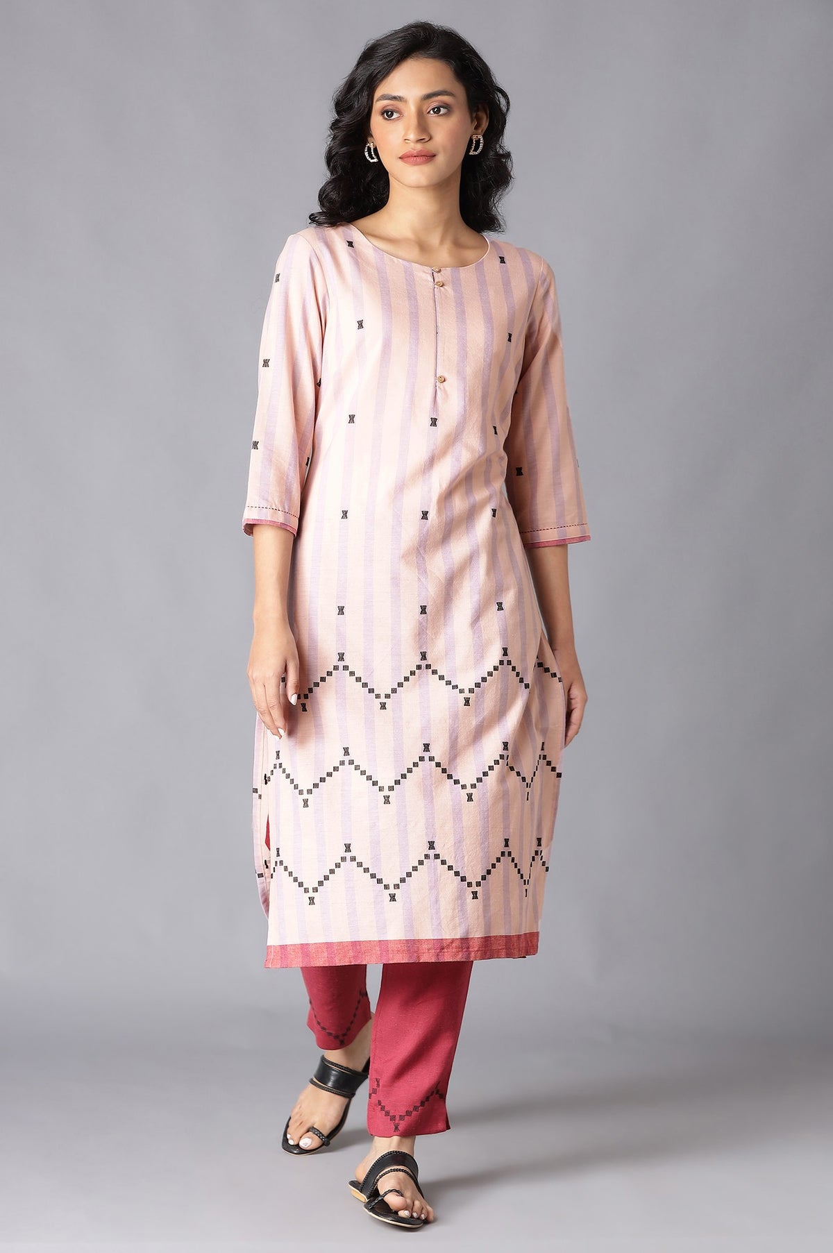 Peach Striped Cotton Dobby kurta In Round Neck - XS