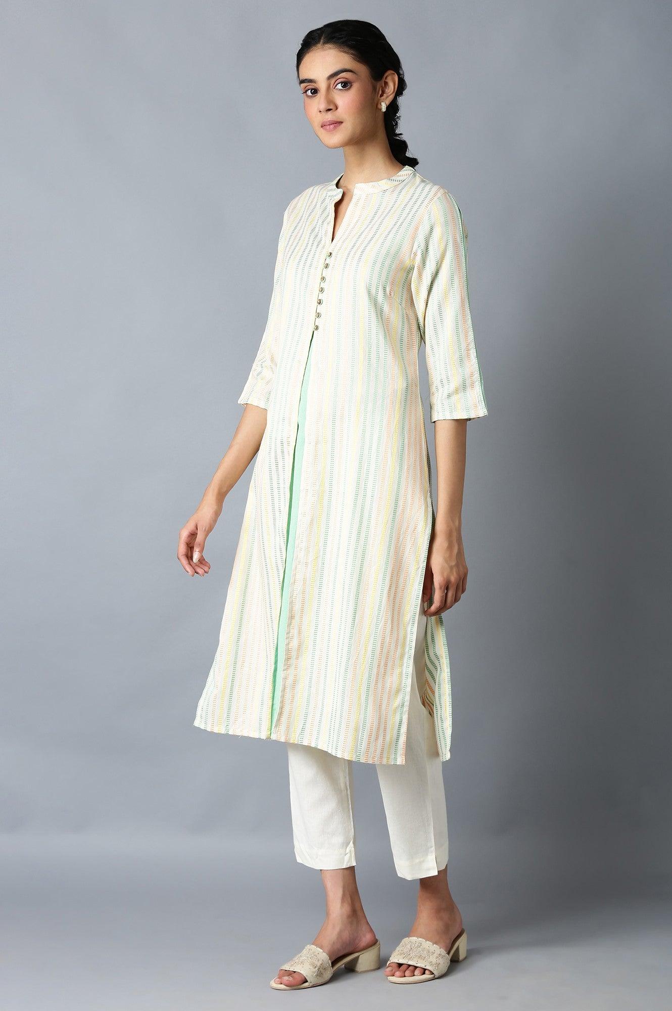 Ecru Dobby Straight kurta With Mock Layer - wforwoman