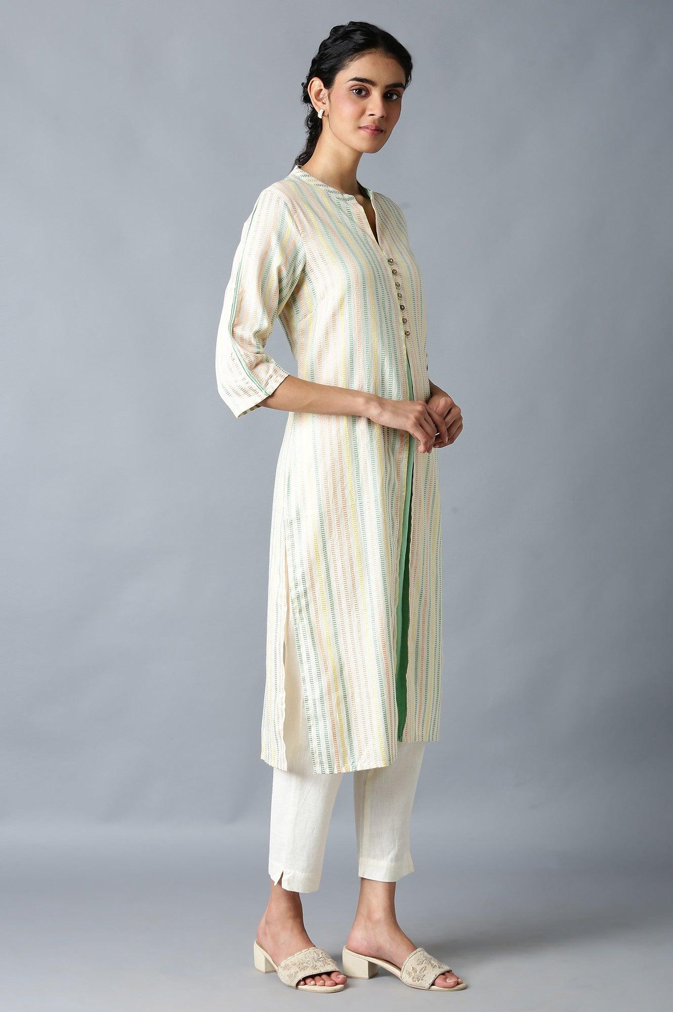 Ecru Dobby Straight kurta With Mock Layer - wforwoman