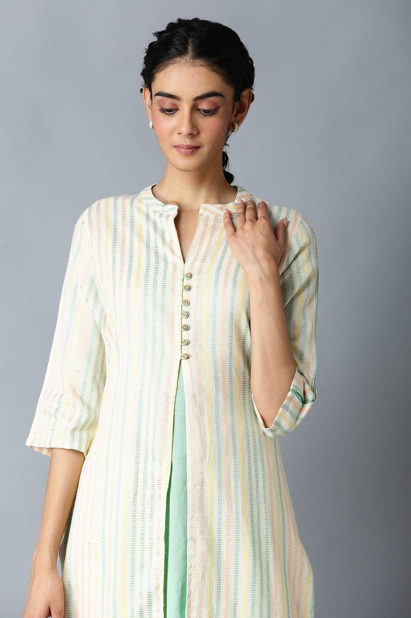 Ecru Dobby Straight kurta With Mock Layer - wforwoman