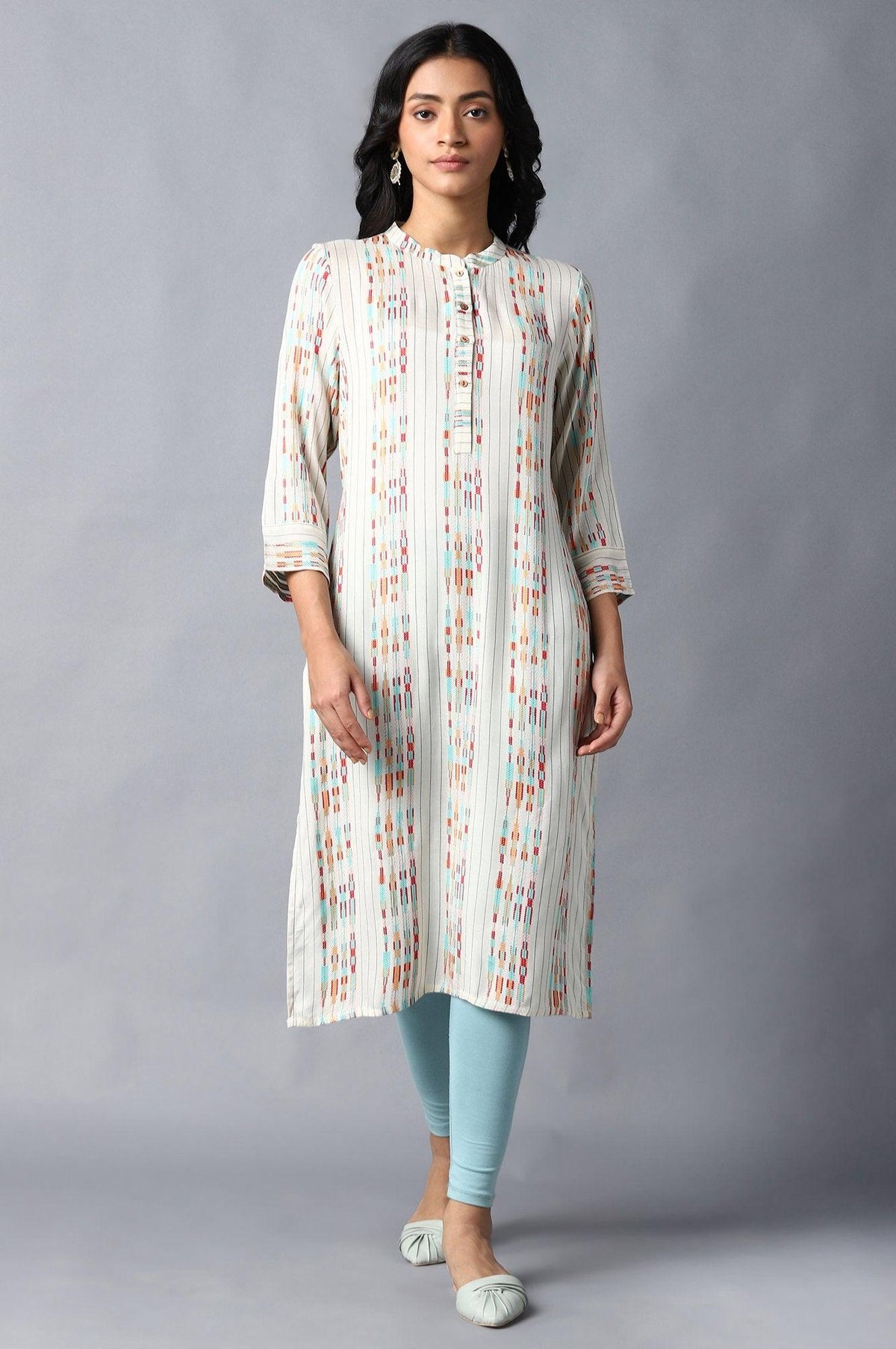 Ecru Dobby kurta With Multicolour Print - XS