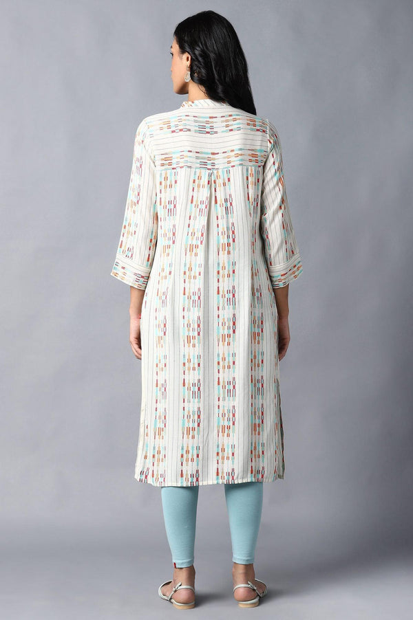 Ecru Dobby kurta With Multicolour Print