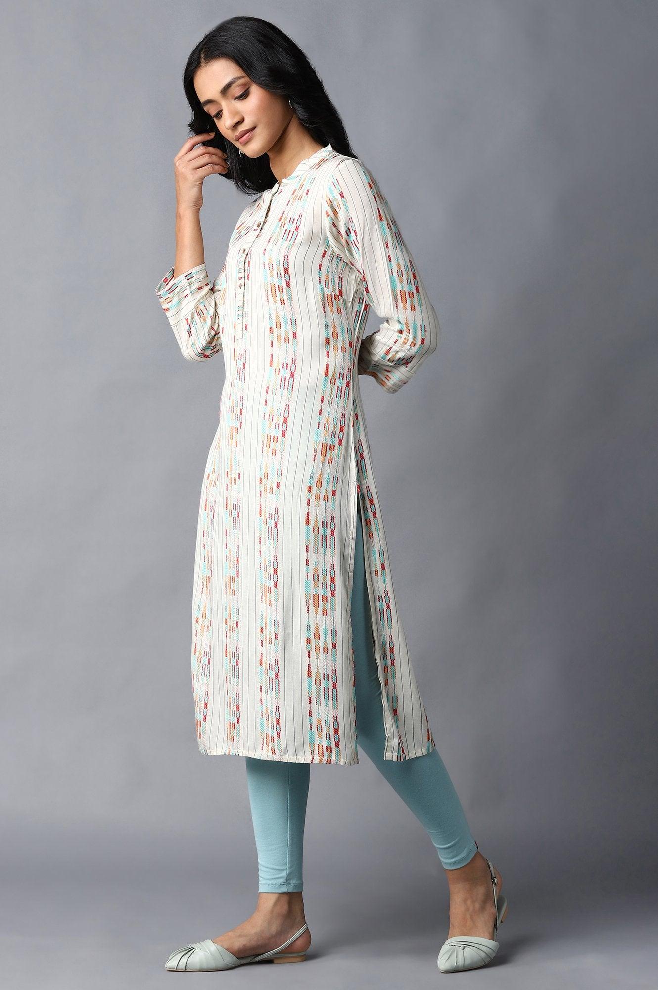 Ecru Dobby kurta With Multicolour Print - wforwoman