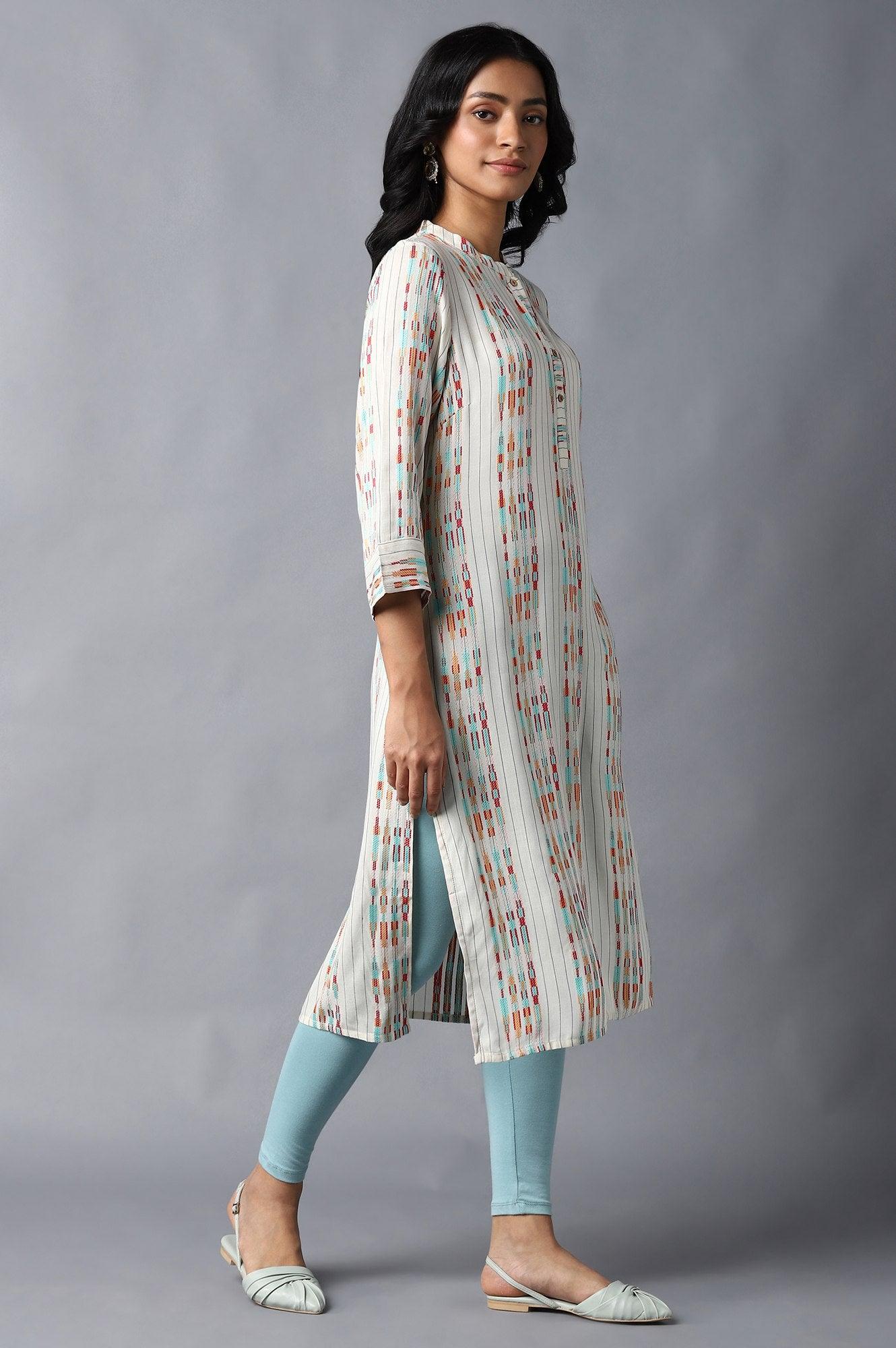 Ecru Dobby kurta With Multicolour Print - wforwoman
