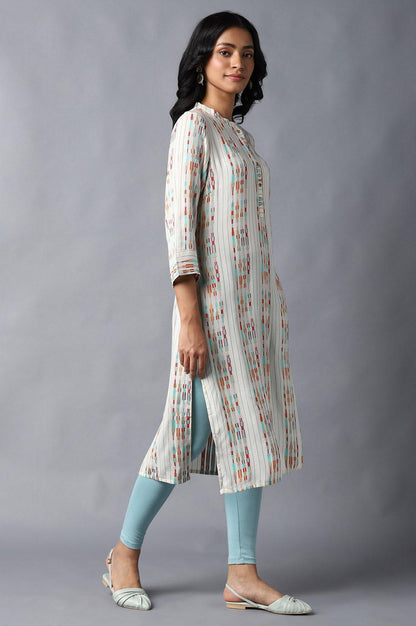 Ecru Dobby kurta With Multicolour Print - wforwoman