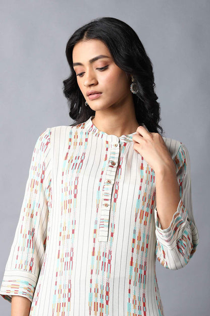 Ecru Dobby kurta With Multicolour Print - wforwoman