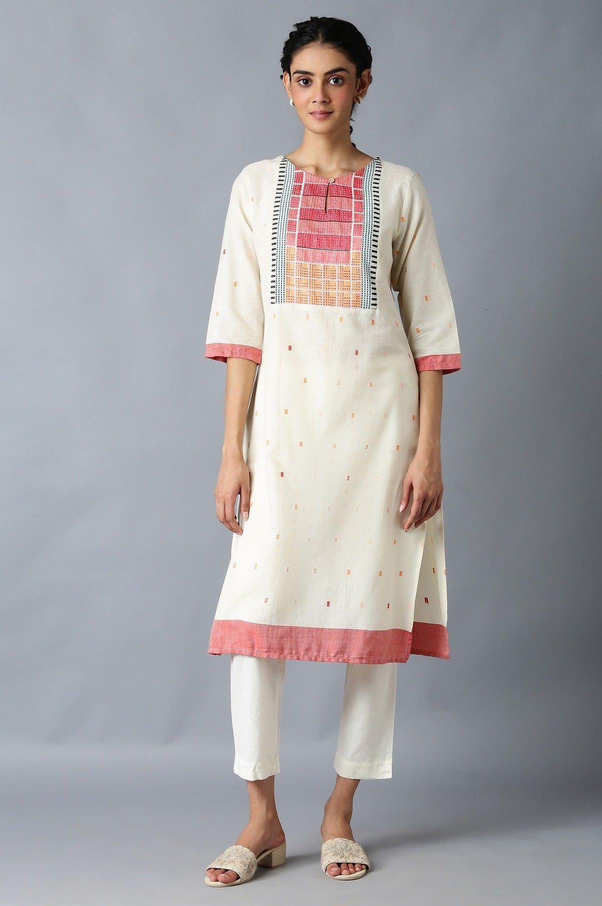 Ecru Dobby kurta With Multicoloured Yoke