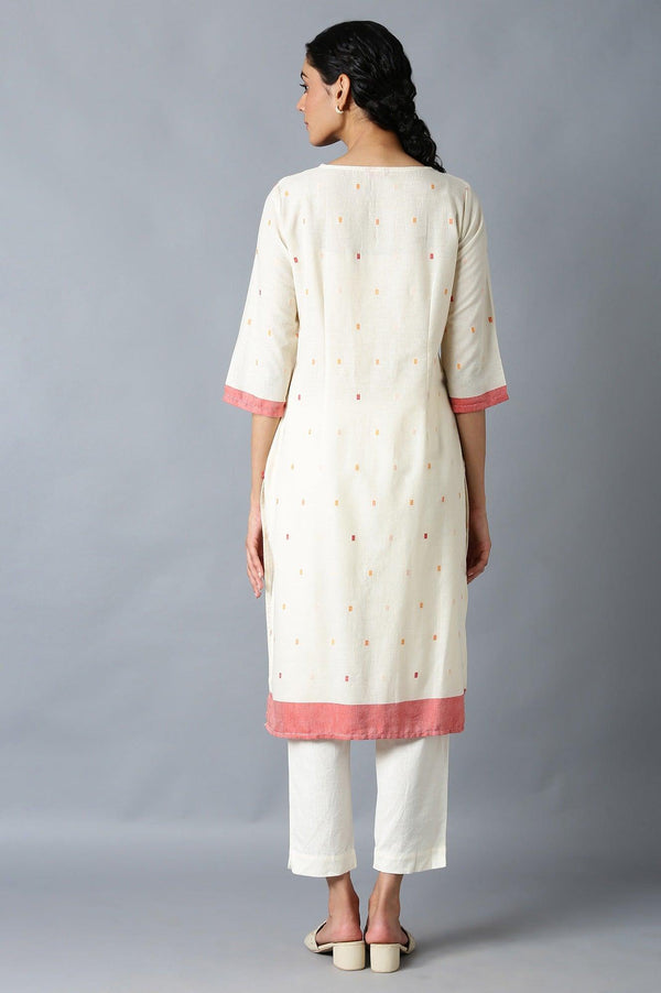Ecru Dobby kurta With Multicoloured Yoke