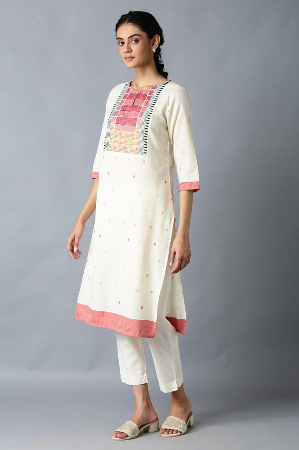 Ecru Dobby kurta With Multicoloured Yoke