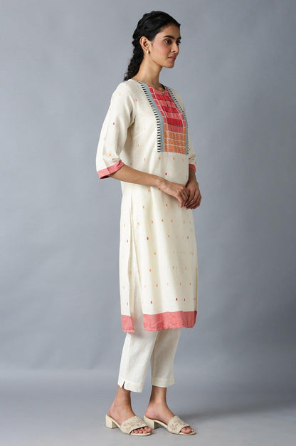 Ecru Dobby kurta With Multicoloured Yoke - wforwoman