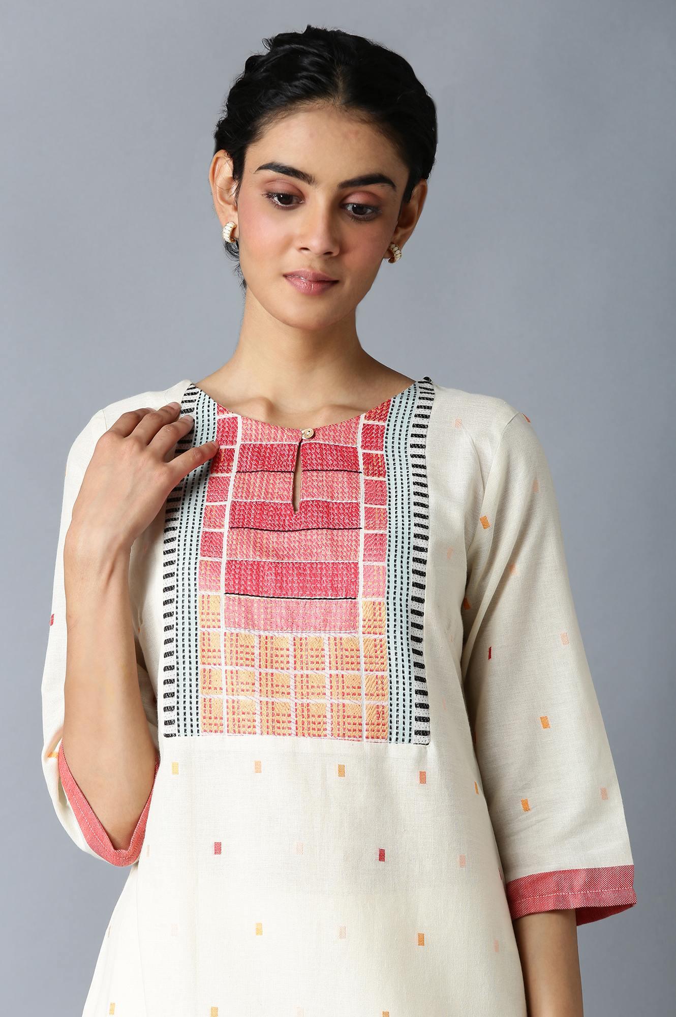 Ecru Dobby kurta With Multicoloured Yoke - wforwoman