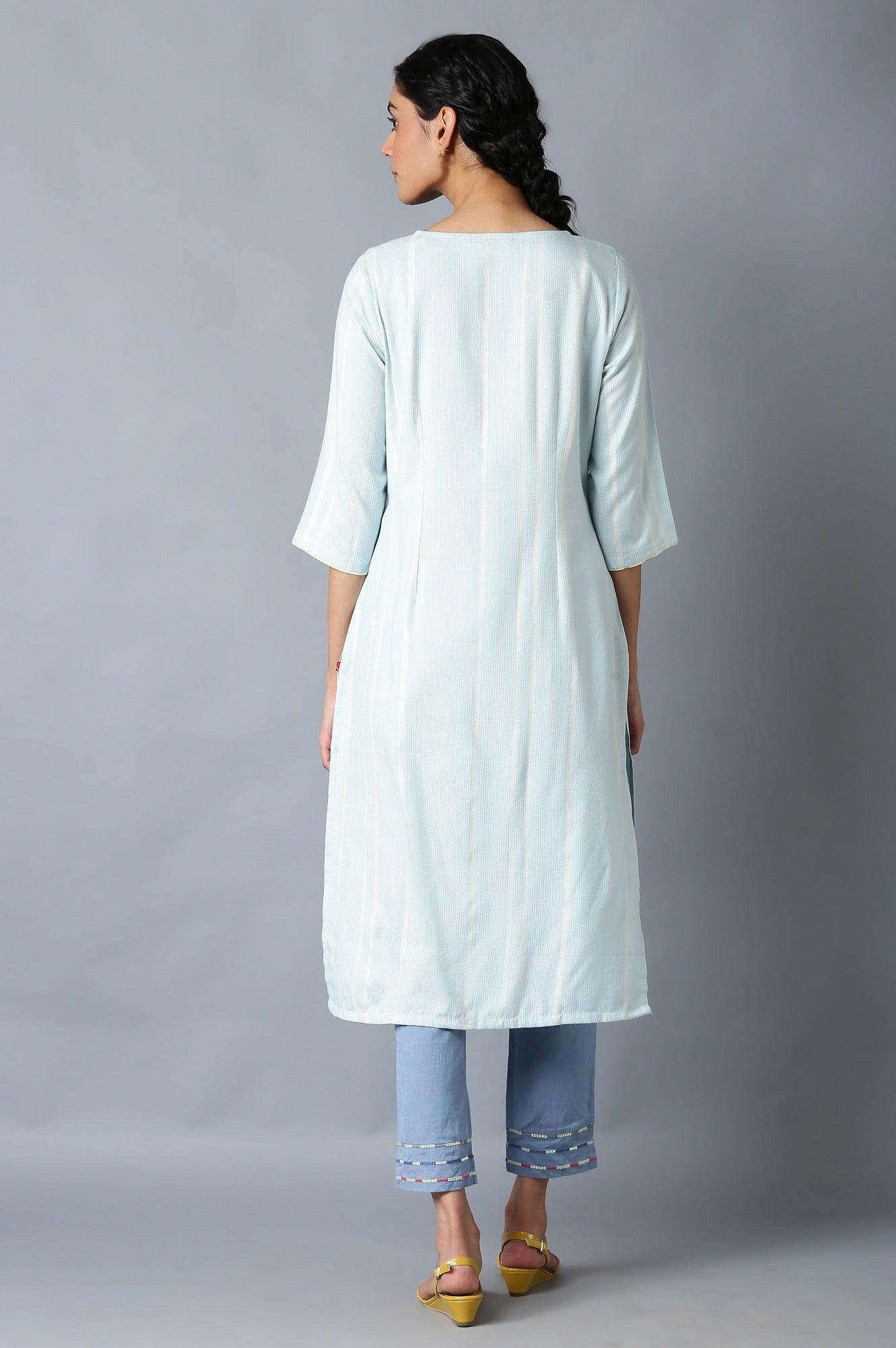 Light Blue Yarn-Dyed kurta In Round Neck - wforwoman