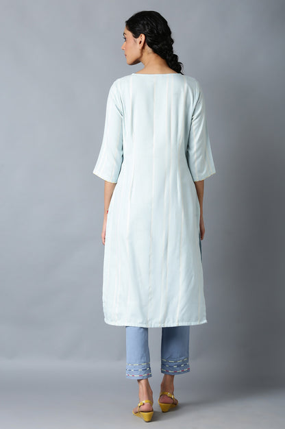 Light Blue Geometric Printed Rayon Dobby Straight Kurta with Slim Pant Set