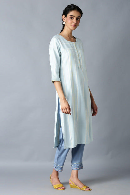 Light Blue Yarn-Dyed kurta In Round Neck - wforwoman
