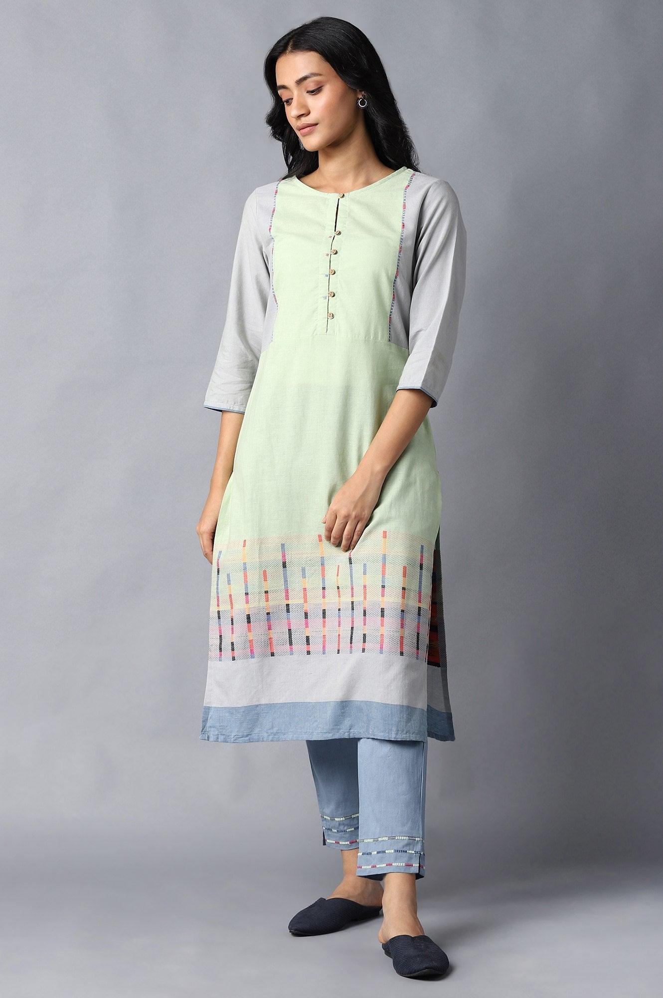 Light Green Yarn-Dyed Straight kurta - wforwoman