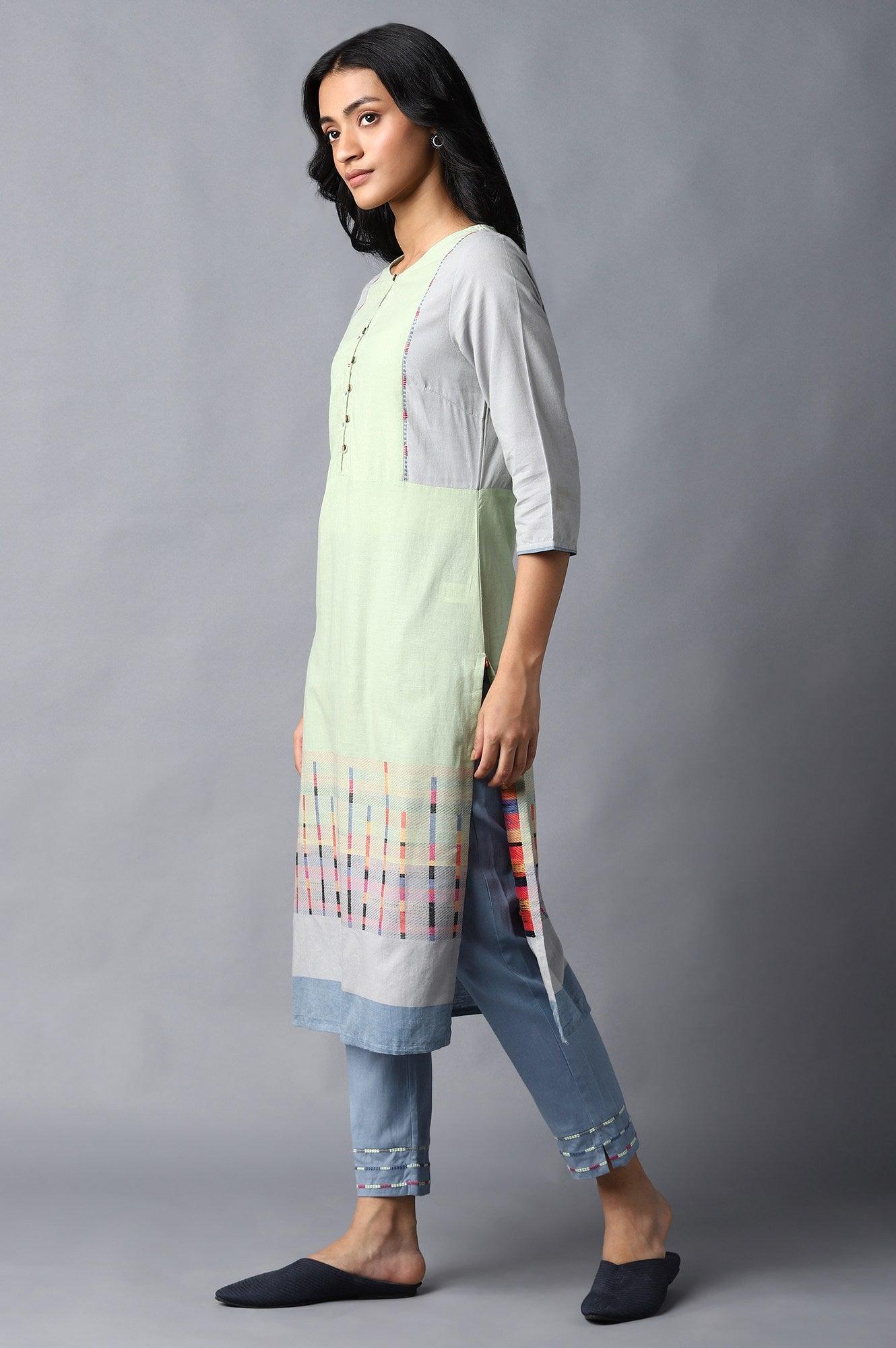 Light Green Yarn-Dyed Straight kurta - wforwoman