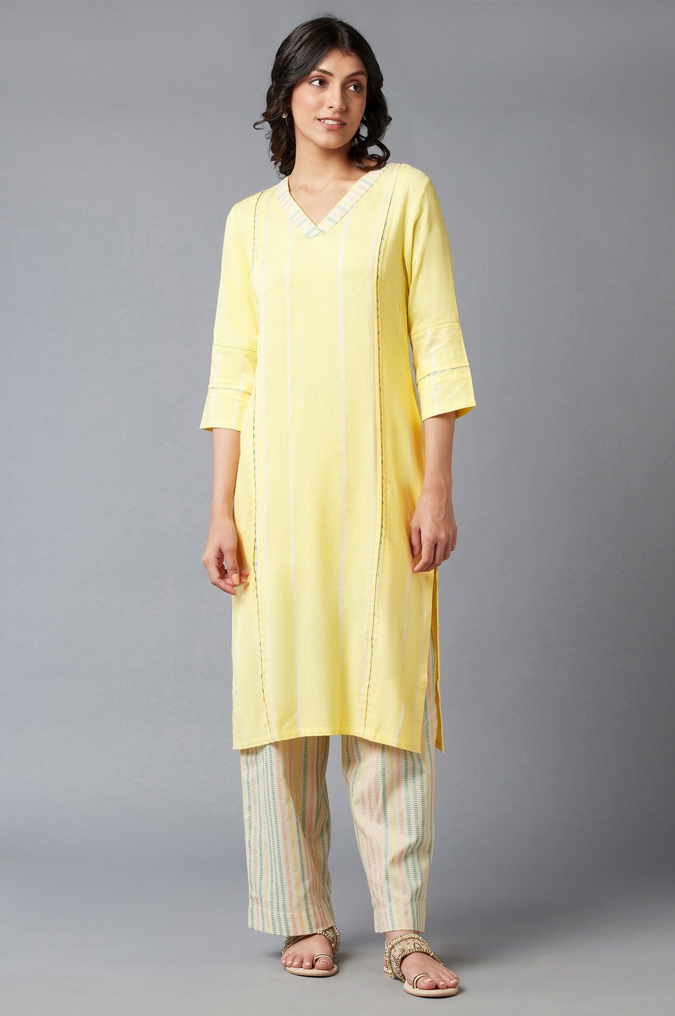 Light Yellow V-Neck kurta With Princess Seam Inserts - wforwoman