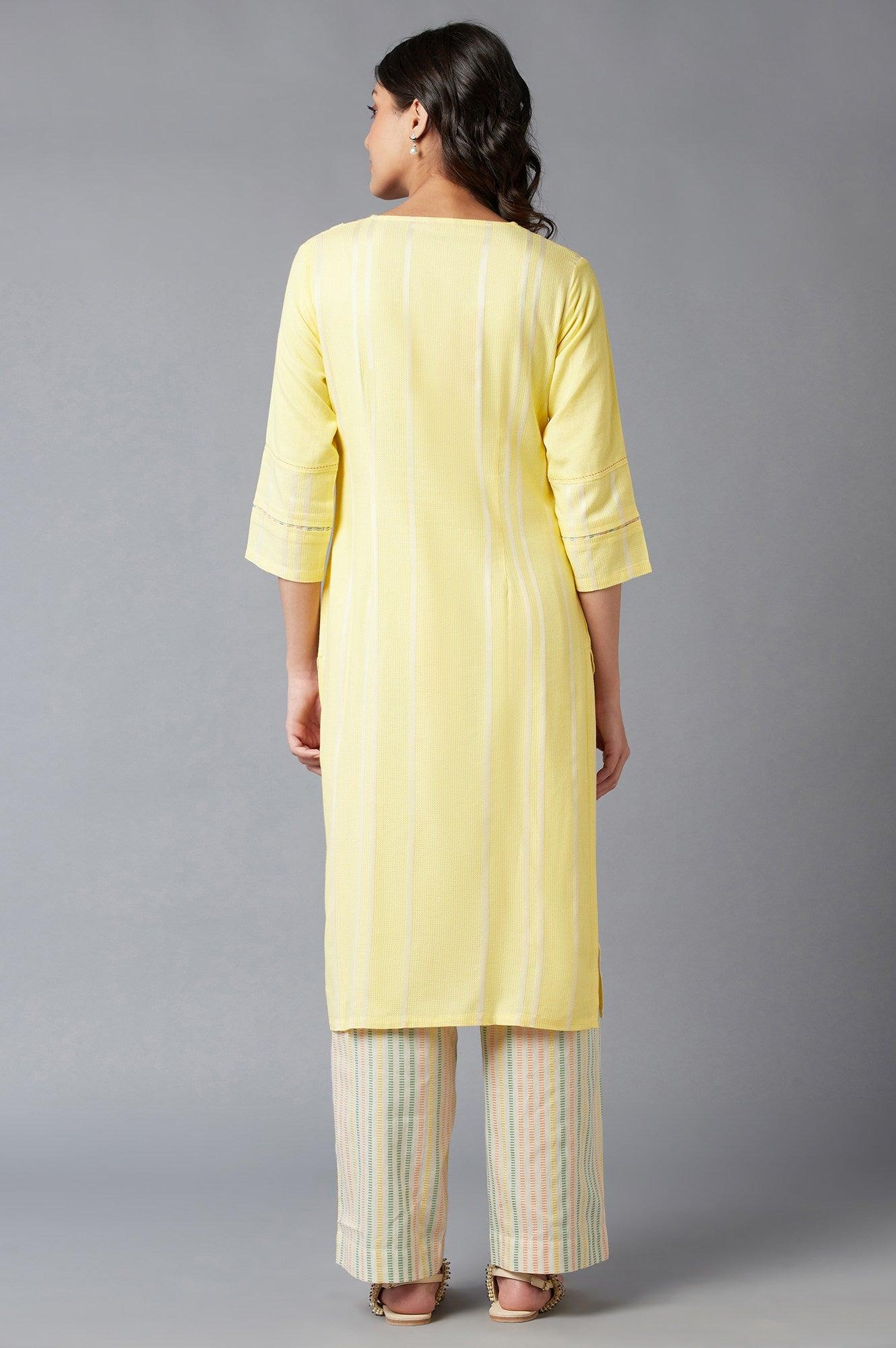 Light Yellow V-Neck kurta With Princess Seam Inserts - wforwoman
