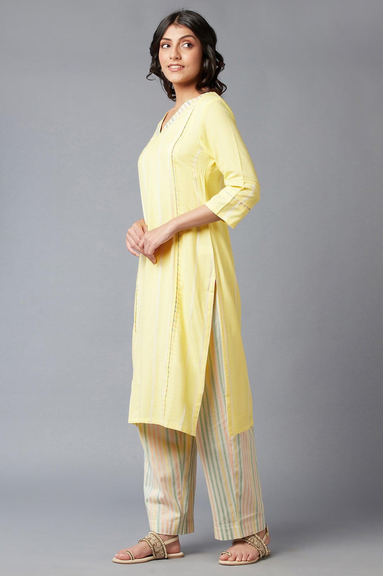 Light Yellow V-Neck kurta With Princess Seam Inserts - wforwoman
