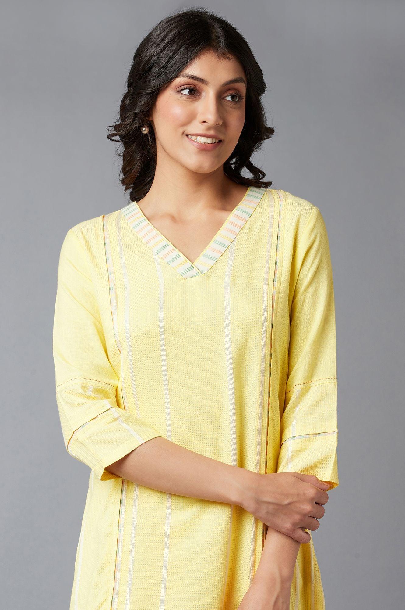 Light Yellow V-Neck kurta With Princess Seam Inserts - wforwoman