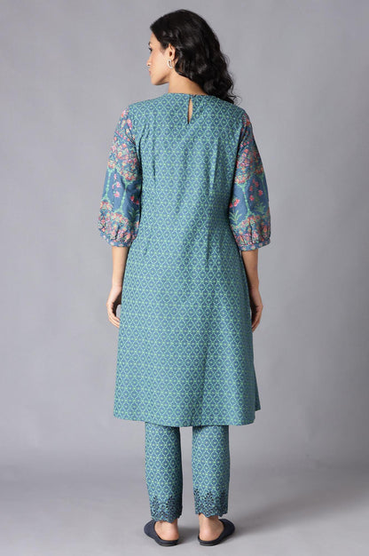 Deep Teal Floral Pleated kurta In Round Neck - wforwoman