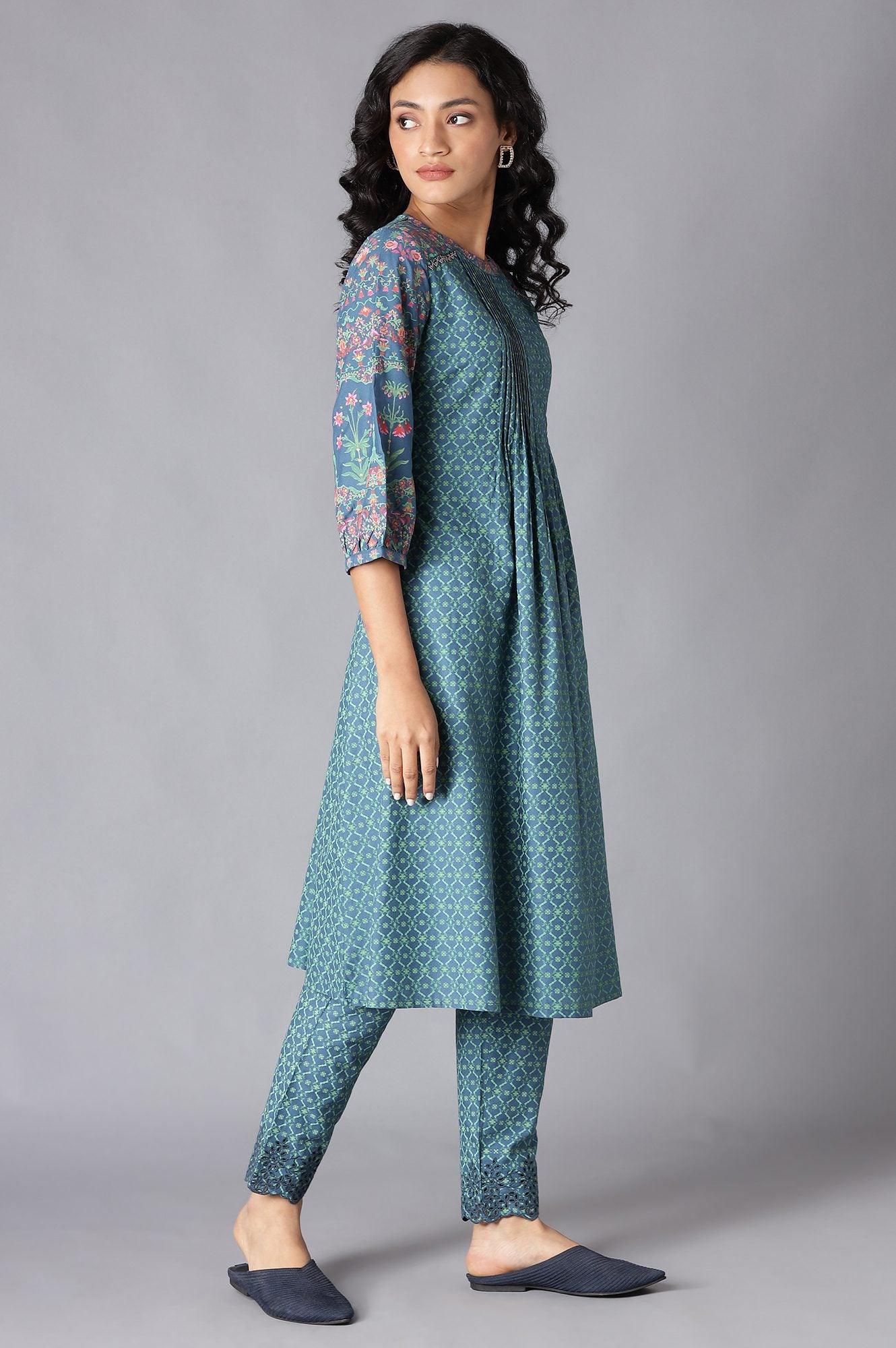 Deep Teal Floral Pleated kurta In Round Neck - wforwoman