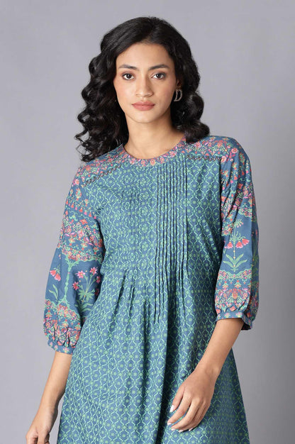 Deep Teal Floral Pleated kurta In Round Neck - wforwoman