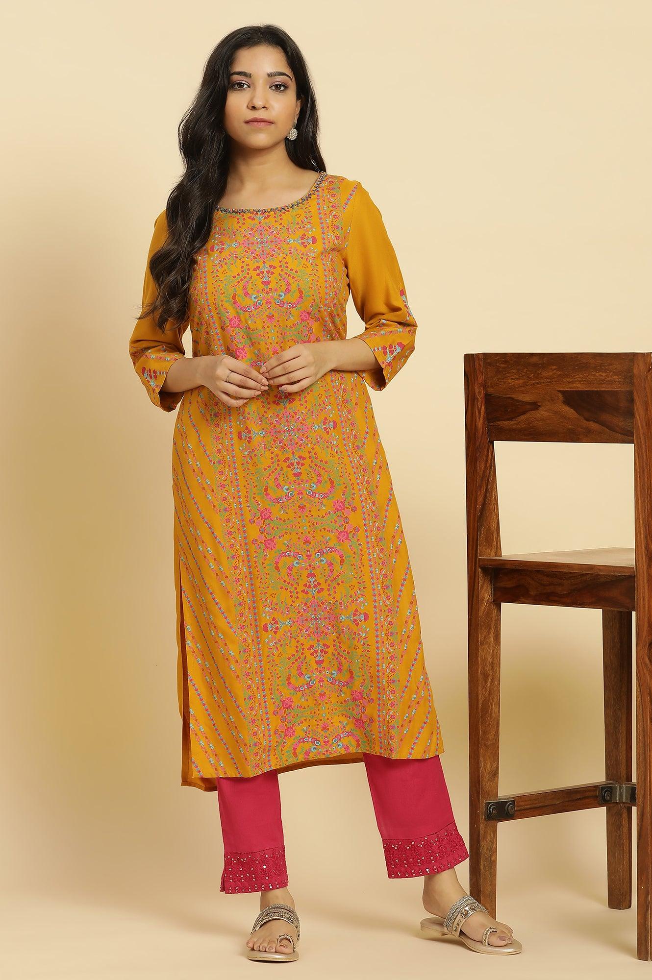 Mustard Yellow Floral Pleated Kurta In Round Neck - wforwoman