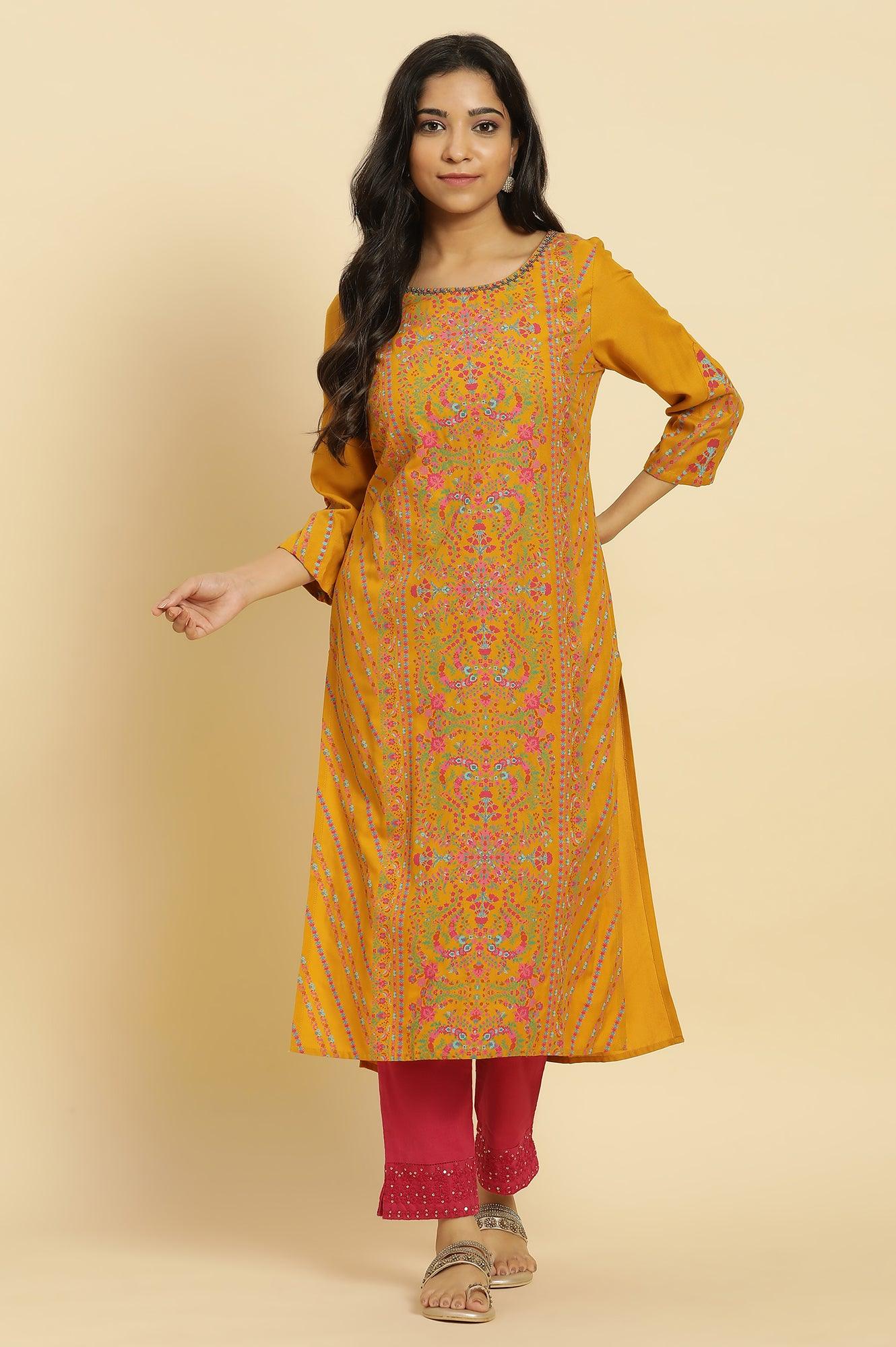 Mustard Yellow Floral Pleated Kurta In Round Neck - wforwoman