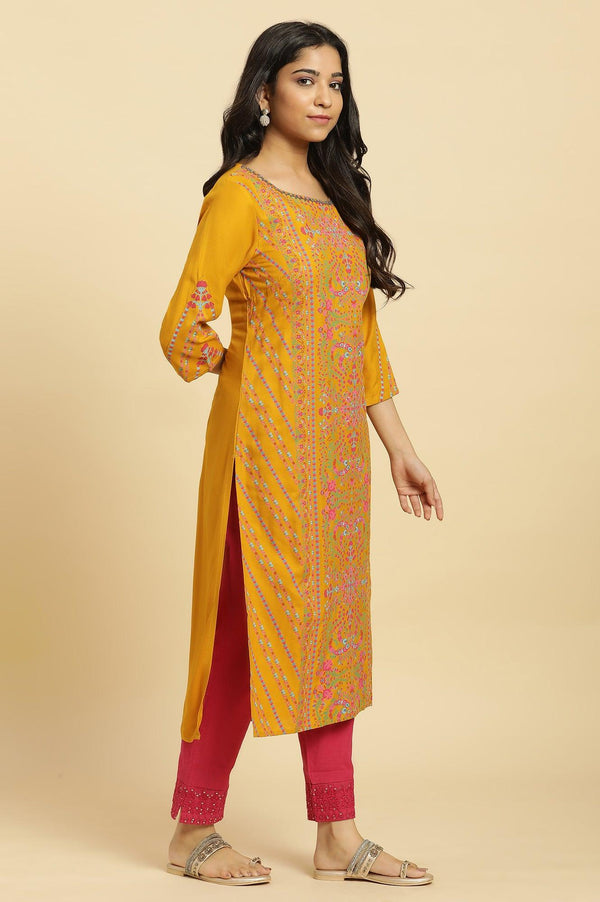 Mustard Yellow Floral Pleated Kurta In Round Neck