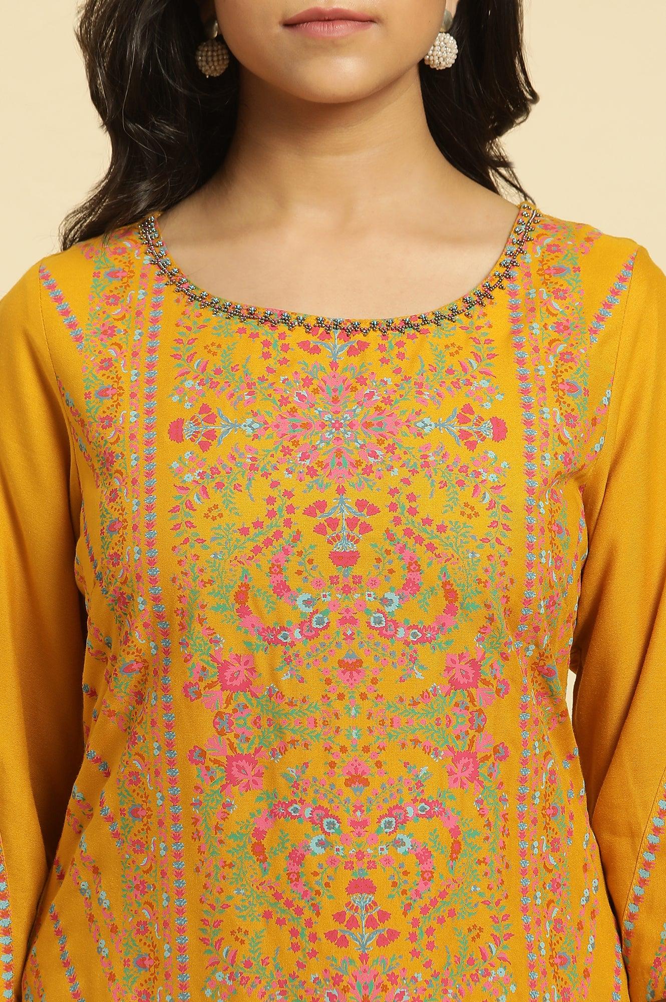 Mustard Yellow Floral Pleated Kurta In Round Neck - wforwoman
